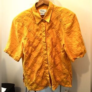 100% Linen Golden Yellow Embroidered Short Sleeve Button-Down Shirt Size 20